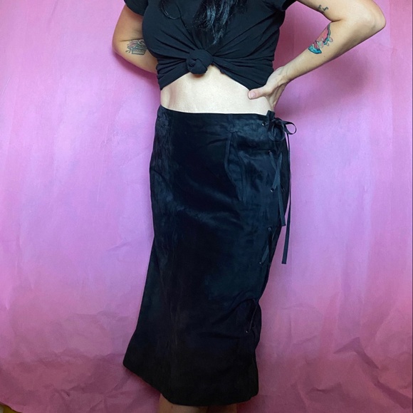 Y2K Yves Saint Laurent Rive Gauche Black Suede Leather Lace Up Pencil Skirt